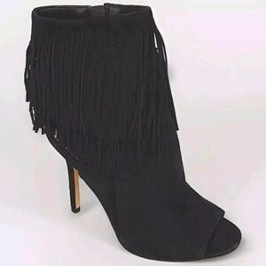 Sam Edelman Arizona Black Fringed Open Toe Suede Leather Boots 5 Stiletto Chic